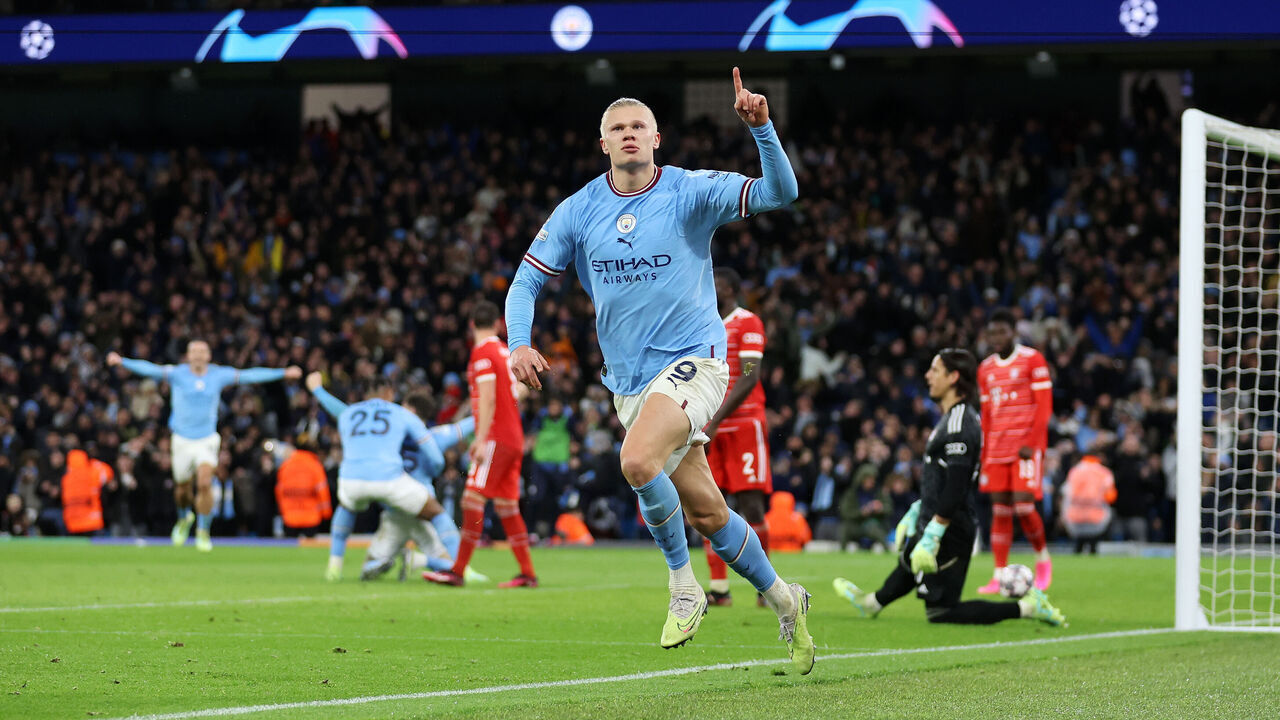 MANCHESTER, ENGLAND - APRIL 11: Erling Haaland of Manchester City celebrates after scoring the team's third goal during the UEFA Champions League quarterfinal first leg match between Manchester City and FC Bayern München at Etihad Stadium on April 11, 2023 in Manchester, England.