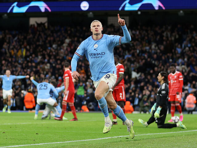 MANCHESTER, ENGLAND - APRIL 11: Erling Haaland of Manchester City celebrates after scoring the team's third goal during the UEFA Champions League quarterfinal first leg match between Manchester City and FC Bayern München at Etihad Stadium on April 11, 2023 in Manchester, England.