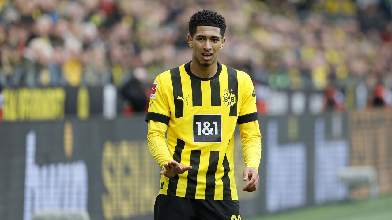 DORTMUND, GERMANY - APRIL 08: Jude Bellingham of Borussia Dortmund looks on during the Bundesliga match between Borussia Dortmund and 1. FC Union Berlin at Signal Iduna Park on April 8, 2023 in Dortmund, Germany.