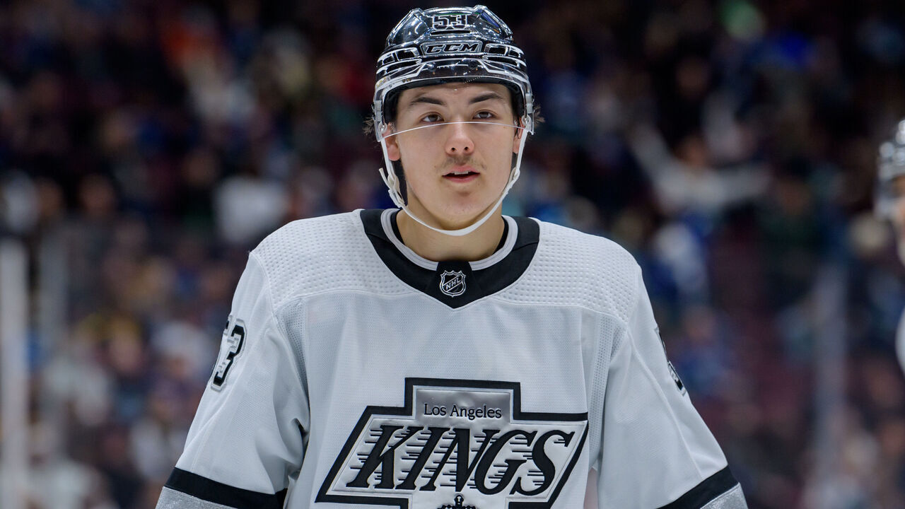 VANCOUVER, BC - APRIL 28: Los Angeles Kings defenseman Jordan Spence (53) waits for a face-off during their NHL game against the Vancouver Canucks at Rogers Arena on April 28, 2022 in Vancouver, British Columbia, Canada.