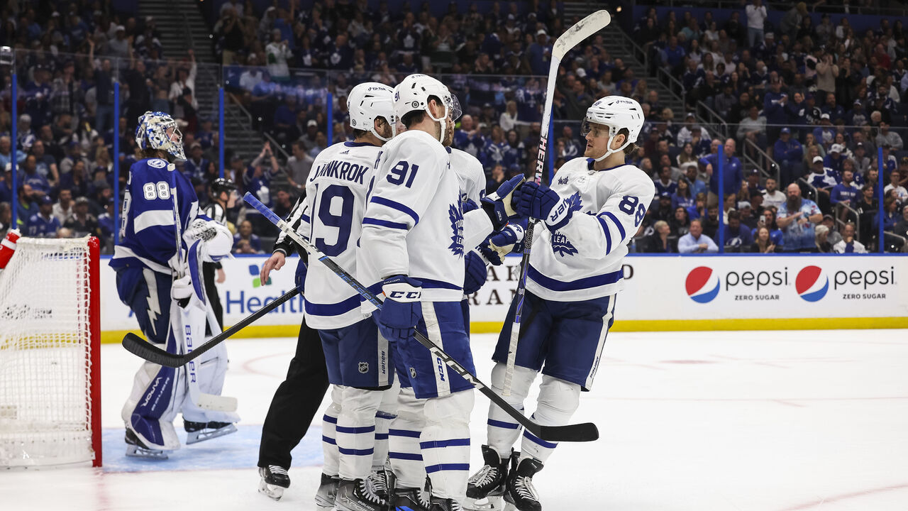 TAMPA, FL - APRIL 11: Goalie Andrei Vasilevskiy #88 and Erik Cernak #81 of the Tampa Bay Lightning give up a goal to Calle Jarnkrok #19, William Nylander #88, John Tavares #91 of the Toronto Maple Leafs during the second period at Amalie Arena on April 11, 2023 in Tampa, Florida.