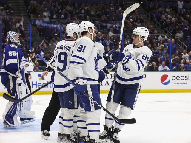 TAMPA, FL - APRIL 11: Goalie Andrei Vasilevskiy #88 and Erik Cernak #81 of the Tampa Bay Lightning give up a goal to Calle Jarnkrok #19, William Nylander #88, John Tavares #91 of the Toronto Maple Leafs during the second period at Amalie Arena on April 11, 2023 in Tampa, Florida.