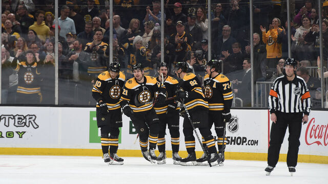 BOSTON, MASSACHUSETTS - APRIL 11: Garnet Hathaway #21 of the Boston Bruins scores in the third period against the Washington Capitals at the TD Garden on April 11, 2023 in Boston, Massachusetts.