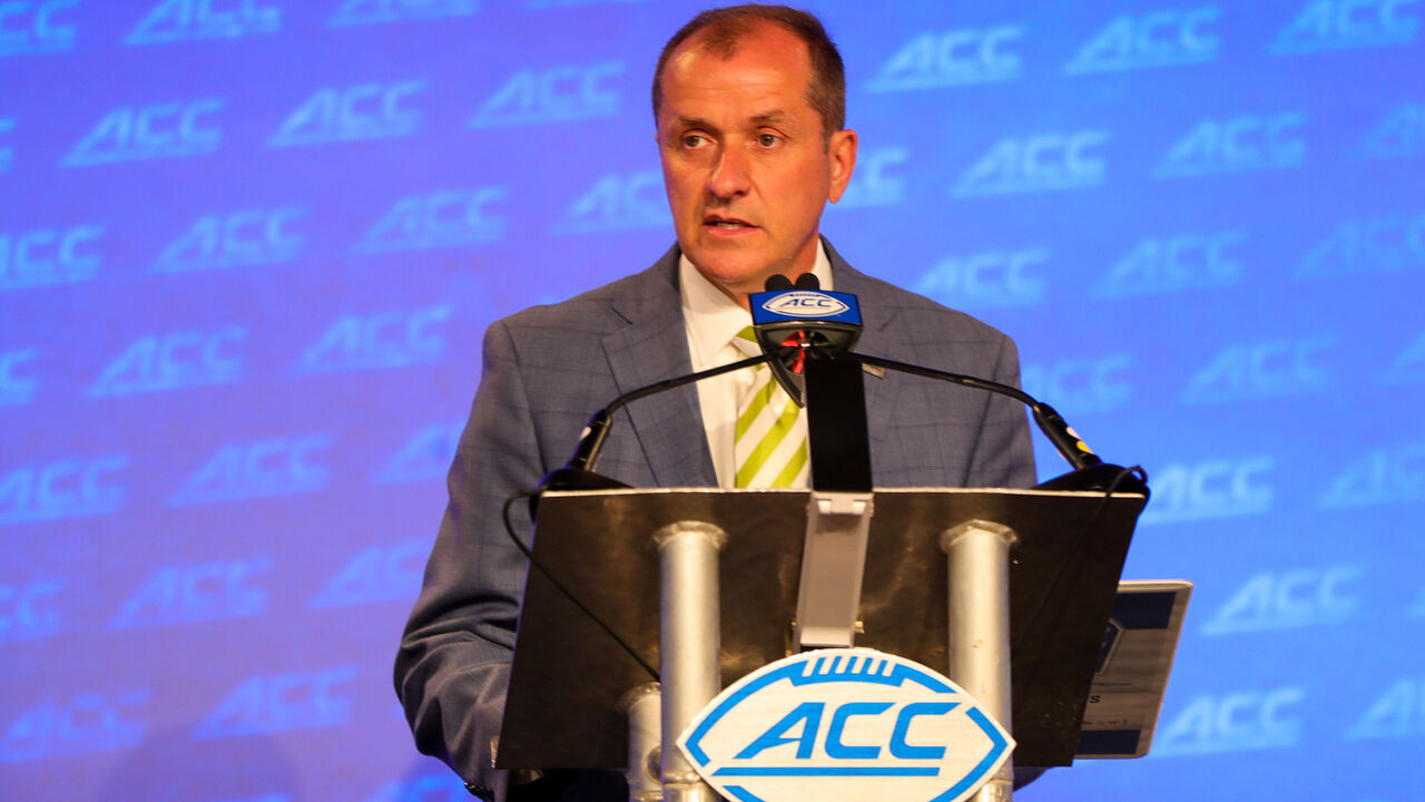 CHARLOTTE, NC - JULY 20: Atlantic Coast Conference Commissioner Jim Phillips speak to the press during the ACC Football Kickoff on Jul 20, 2022, at The Westin Charlotte in Charlotte, NC.