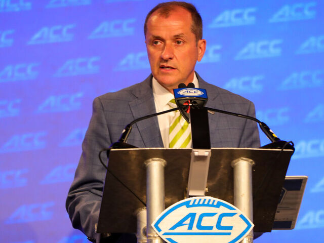 CHARLOTTE, NC - JULY 20: Atlantic Coast Conference Commissioner Jim Phillips speak to the press during the ACC Football Kickoff on Jul 20, 2022, at The Westin Charlotte in Charlotte, NC.