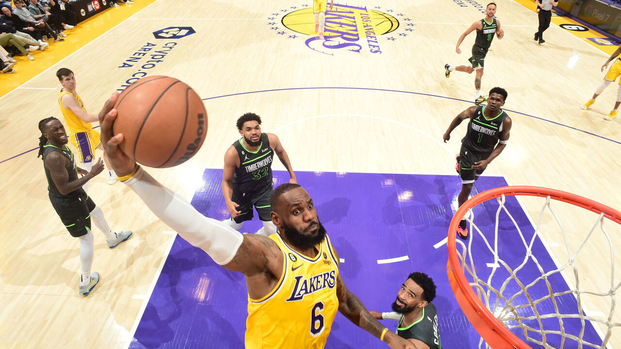 LOS ANGELES, CA - APRIL 11: LeBron James #6 of the Los Angeles Lakers drives to the basket against the Minnesota Timberwolves during the 2023 Play-In Tournament on April 11, 2023 at Crypto.Com Arena in Los Angeles, California. NOTE TO USER: User expressly acknowledges and agrees that, by downloading and/or using this Photograph, user is consenting to the terms and conditions of the Getty Images License Agreement. Mandatory Copyright Notice: Copyright 2023 NBAE