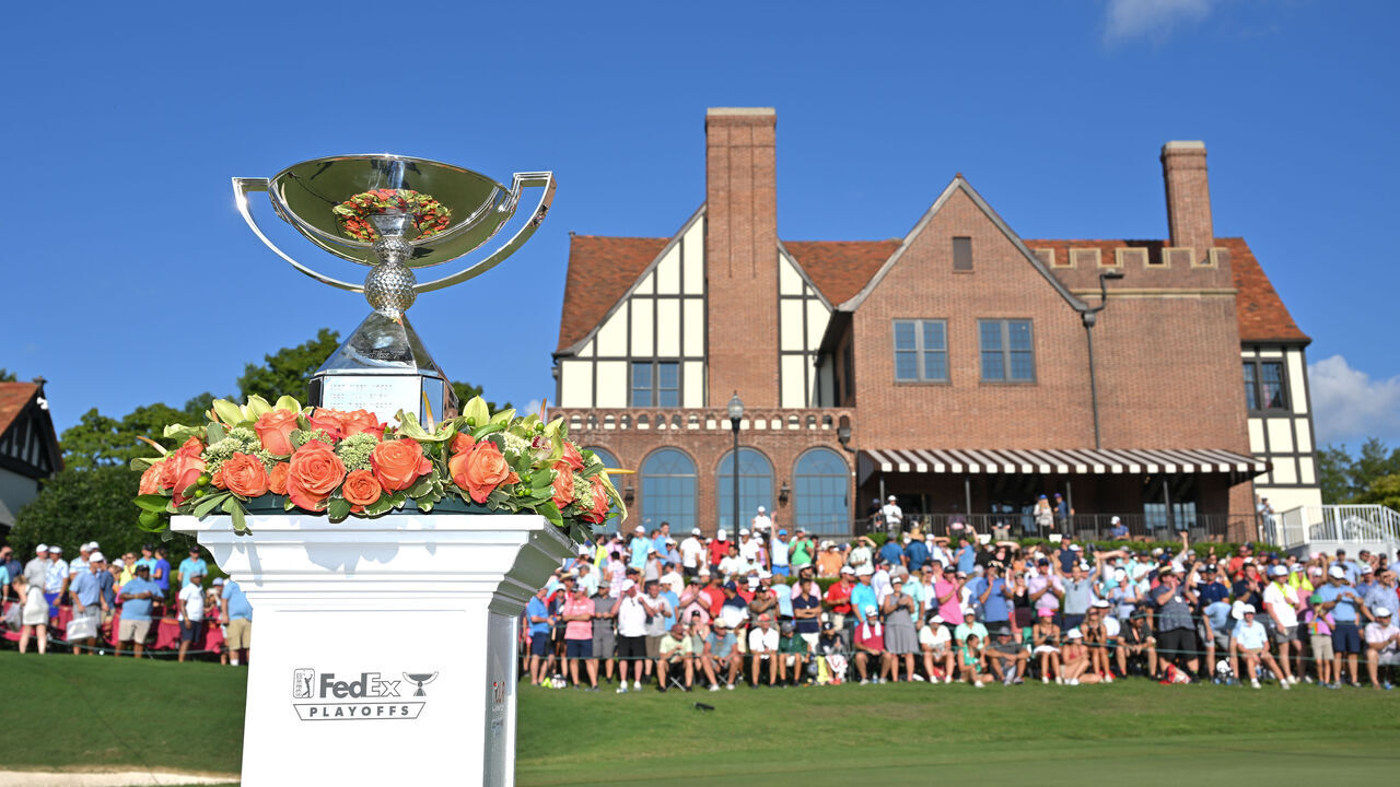 ATLANTA, GEORGIA - AUGUST 28: The FedEx Cup is seen on the 18th green after the final round of the TOUR Championship at East Lake Golf Club on August 28, 2022 in Atlanta, Georgia.