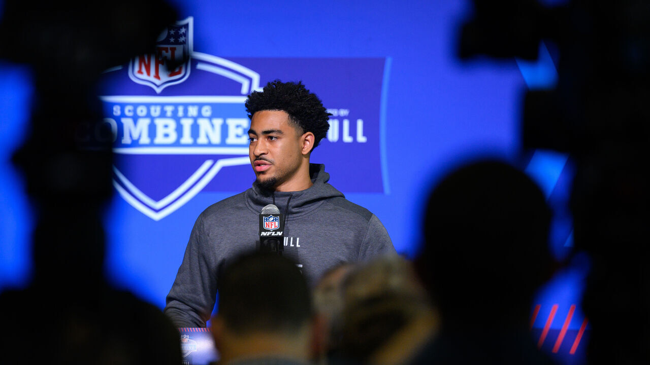 INDIANAPOLIS, IN - MARCH 03: Alabama quarterback Bryce Young answers questions from the media during the NFL Scouting Combine on March 3, 2023, at the Indiana Convention Center in Indianapolis, IN.