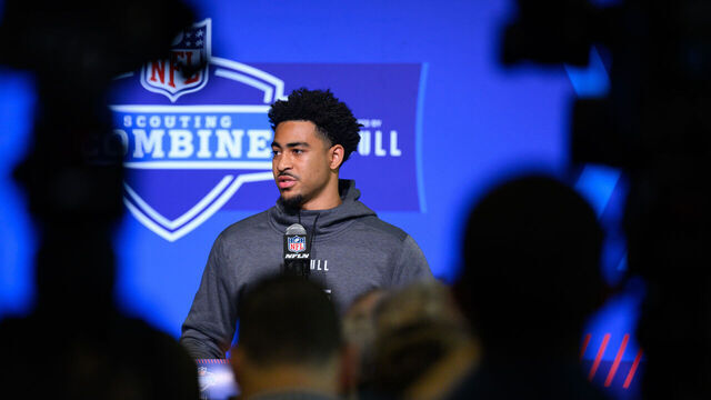 INDIANAPOLIS, IN - MARCH 03: Alabama quarterback Bryce Young answers questions from the media during the NFL Scouting Combine on March 3, 2023, at the Indiana Convention Center in Indianapolis, IN.