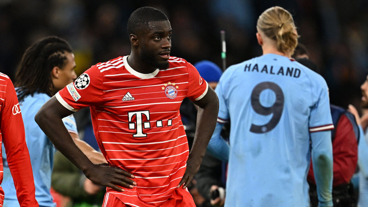 Bayern Munich's French defender Dayot Upamecano reacts to their defeat on the pitch after the UEFA Champions League quarter final, first leg football match between Manchester City and Bayern Munich at the Etihad Stadium in Manchester, north-west England, on April 11, 2023. - Manchester City won the game 3-0.