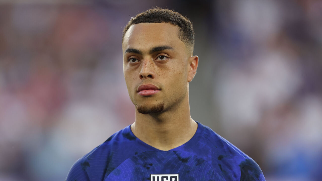 ORLANDO, FL - MARCH 27: Sergiño Dest #2 of United States lines up for the national anthem before to the match between El Salvador and United States as part of the CONCACAF Nations League at Exploria Stadium on March 27, 2023 in Orlando, Florida.