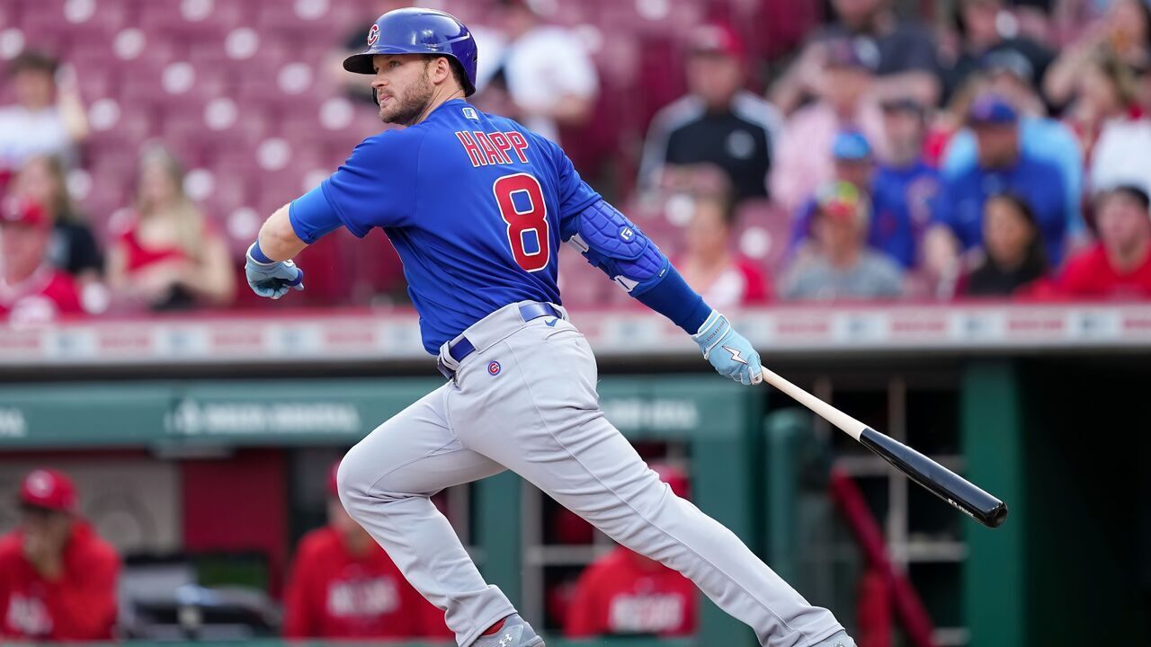 CINCINNATI, OHIO - APRIL 04: Ian Happ #8 of the Chicago Cubs hits a single in the first inning against the Cincinnati Reds at Great American Ball Park on April 04, 2023 in Cincinnati, Ohio.