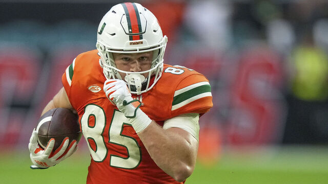 MIAMI GARDENS, FLORIDA - OCTOBER 08: Will Mallory #85 of the Miami Hurricanes runs upfield after making a catch in the second quarter against the North Carolina Tar Heels at Hard Rock Stadium on October 08, 2022 in Miami Gardens, Florida.