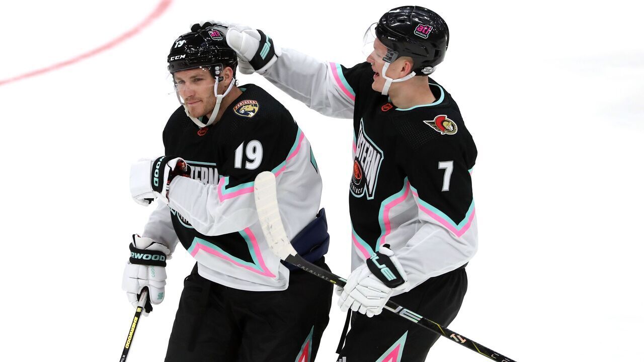 SUNRISE, FLORIDA - FEBRUARY 04: Matthew Tkachuk #19 of the Florida Panthers and Brady Tkachuk #7 of the Ottawa Senators skate during the game between the Metropolitan and the Atlantic Division during the 2023 Honda NHL All-Star Game at FLA Live Arena on February 04, 2023 in Sunrise, Florida.