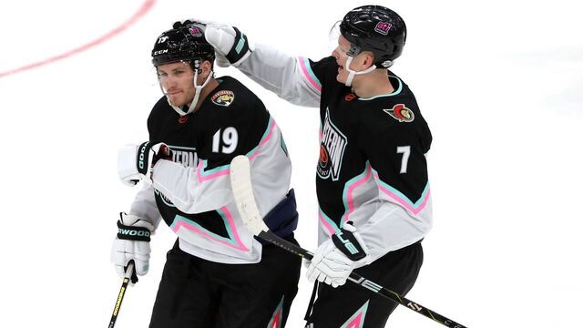 SUNRISE, FLORIDA - FEBRUARY 04: Matthew Tkachuk #19 of the Florida Panthers and Brady Tkachuk #7 of the Ottawa Senators skate during the game between the Metropolitan and the Atlantic Division during the 2023 Honda NHL All-Star Game at FLA Live Arena on February 04, 2023 in Sunrise, Florida.