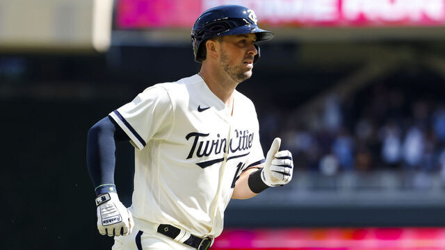 MINNEAPOLIS, MN - APRIL 08: Kyle Farmer #12 of the Minnesota Twins rounds the bases on his three-run home run against the Houston Astros in the second inning of the game at Target Field on April 8, 2023 in Minneapolis, Minnesota. The Twins defeated the Astros 9-6.