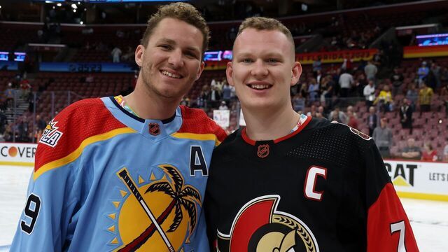 SUNRISE, FLORIDA - FEBRUARY 03: Brady Tkachuk #7 of the Ottawa Senators and Matthew Tkachuk #19 of the Florida Panthers pose together after the 2023 NHL All-Star Skills Competition at FLA Live Arena on February 03, 2023 in Sunrise, Florida.