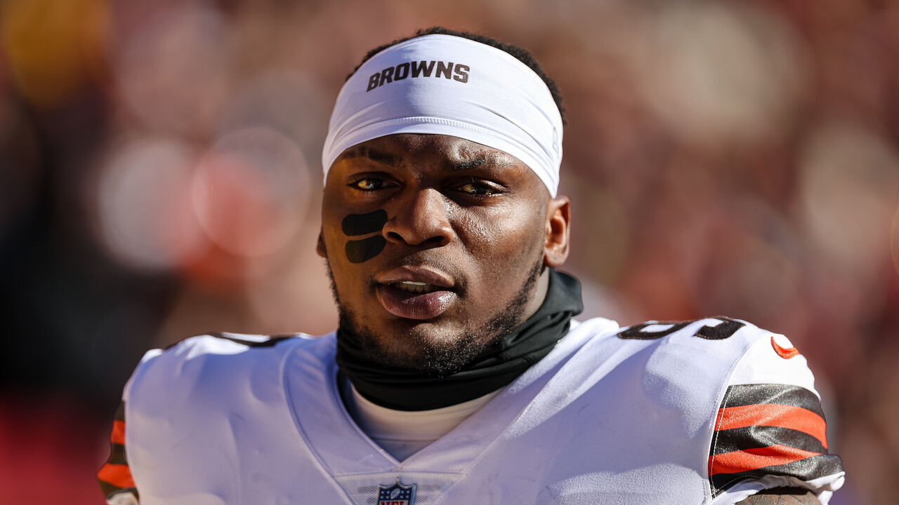 LANDOVER, MD - JANUARY 01: Perrion Winfrey #97 of the Cleveland Browns looks on before the game against the Washington Commanders at FedExField on January 1, 2023 in Landover, Maryland.