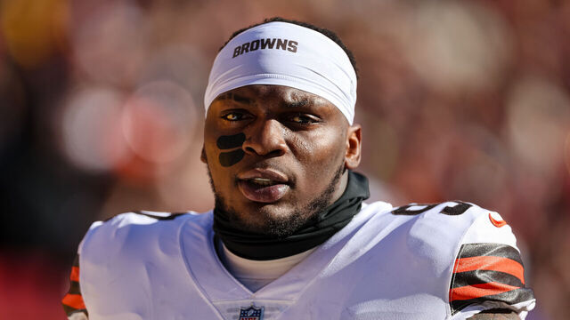 LANDOVER, MD - JANUARY 01: Perrion Winfrey #97 of the Cleveland Browns looks on before the game against the Washington Commanders at FedExField on January 1, 2023 in Landover, Maryland.