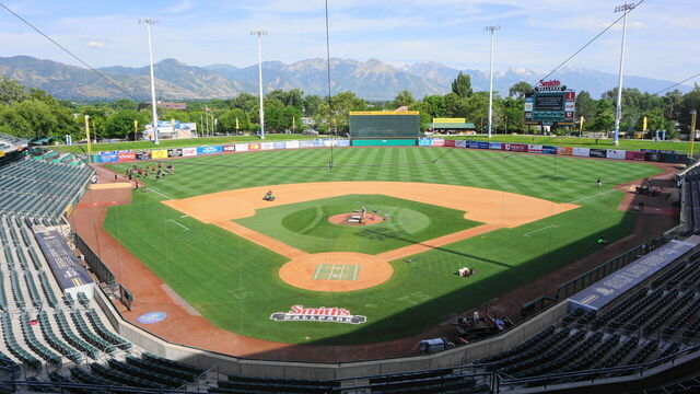SALT LAKE CITY, UT - JULY 17: General view of Smith's Ballpark prior to the Minor League Baseball game between Salt Lake Bees and Sacramento River Cats at Smith's Ballpark on July 17, 2019 in Salt Lake City, Utah.
