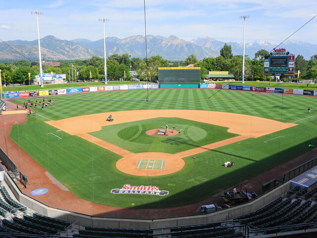 SALT LAKE CITY, UT - JULY 17: General view of Smith's Ballpark prior to the Minor League Baseball game between Salt Lake Bees and Sacramento River Cats at Smith's Ballpark on July 17, 2019 in Salt Lake City, Utah.