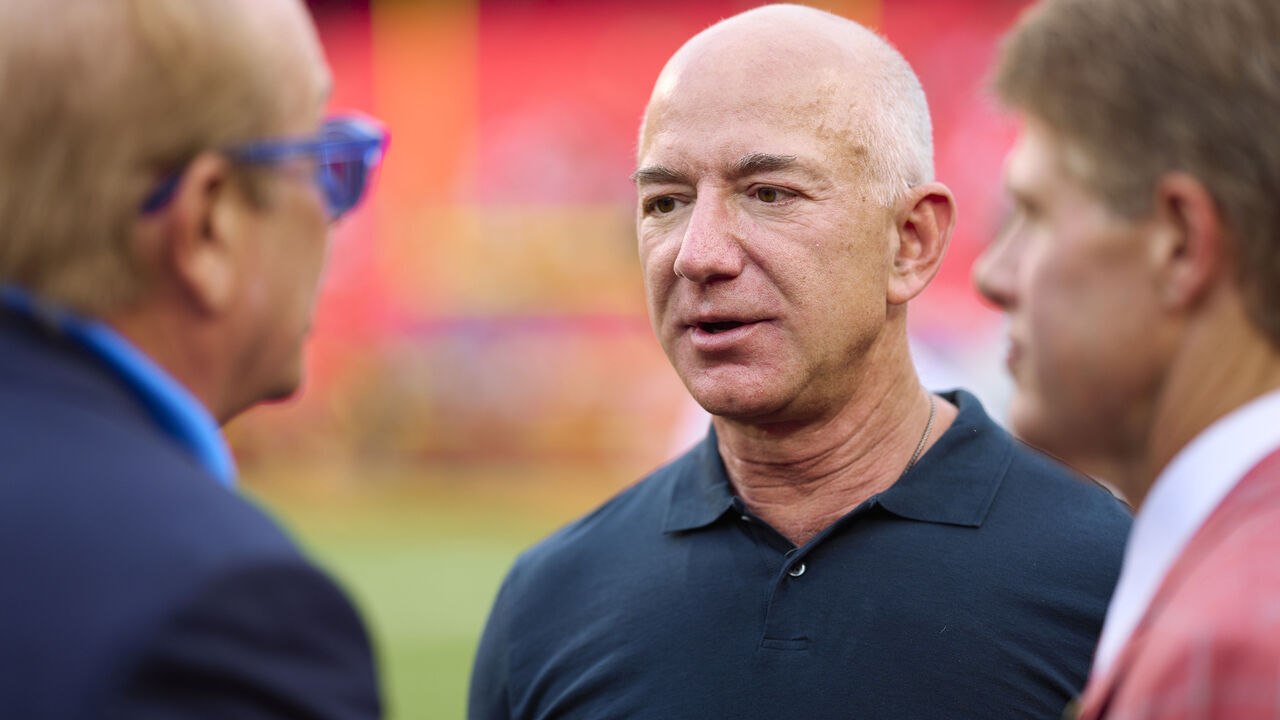 KANSAS CITY, MO - SEPTEMBER 15: Jeff Bezos looks on from the sidlines before kickoff between the Kansas City Chiefs and Los Angeles Chargers at GEHA Field at Arrowhead Stadium on September 15, 2022 in Kansas City, Missouri.