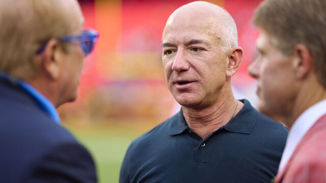 KANSAS CITY, MO - SEPTEMBER 15: Jeff Bezos looks on from the sidlines before kickoff between the Kansas City Chiefs and Los Angeles Chargers at GEHA Field at Arrowhead Stadium on September 15, 2022 in Kansas City, Missouri.