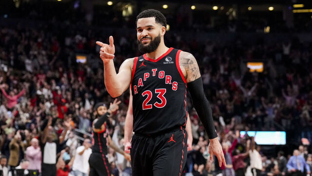 TORONTO, ON - APRIL 12: Fred VanVleet #23 of the Toronto Raptors reacts after hitting a three point shot at the end of the second quarter against the Chicago Bulls during the 2023 Play-In Tournament at the Scotiabank Arena on April 12, 2023 in Toronto, Ontario, Canada. NOTE TO USER: User expressly acknowledges and agrees that, by downloading and/or using this Photograph, user is consenting to the terms and conditions of the Getty Images License Agreement.