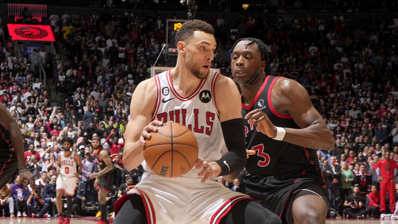 TORONTO, CANADA - APRIL 12: Zach LaVine #8 of the Chicago Bulls handles the ball against the Toronto Raptors during the 2023 Play-In Tournament on April 12, 2023 at the Scotiabank Arena in Toronto, Ontario, Canada. Mandatory Copyright Notice: Copyright 2022 NBAE