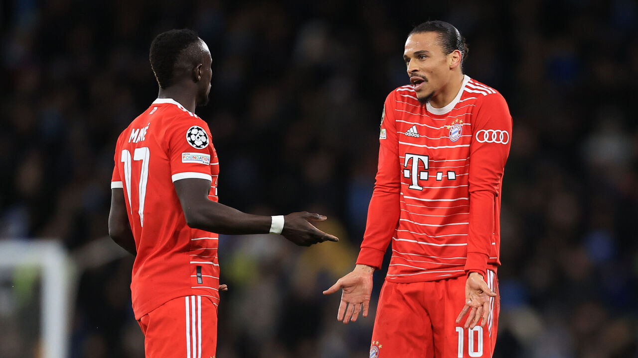 MANCHESTER, ENGLAND - APRIL 11: Leroy Sane of Bayern Munich and Sadio Mane of Bayern Munich moan at each other during the UEFA Champions League quarterfinal first leg match between Manchester City and FC Bayern München at Etihad Stadium on April 11, 2023 in Manchester, United Kingdom.