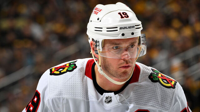 PITTSBURGH, PA - APRIL 11: Jonathan Toews #19 of the Chicago Blackhawks looks on against the Pittsburgh Penguins at PPG PAINTS Arena on April 11, 2023 in Pittsburgh, Pennsylvania.