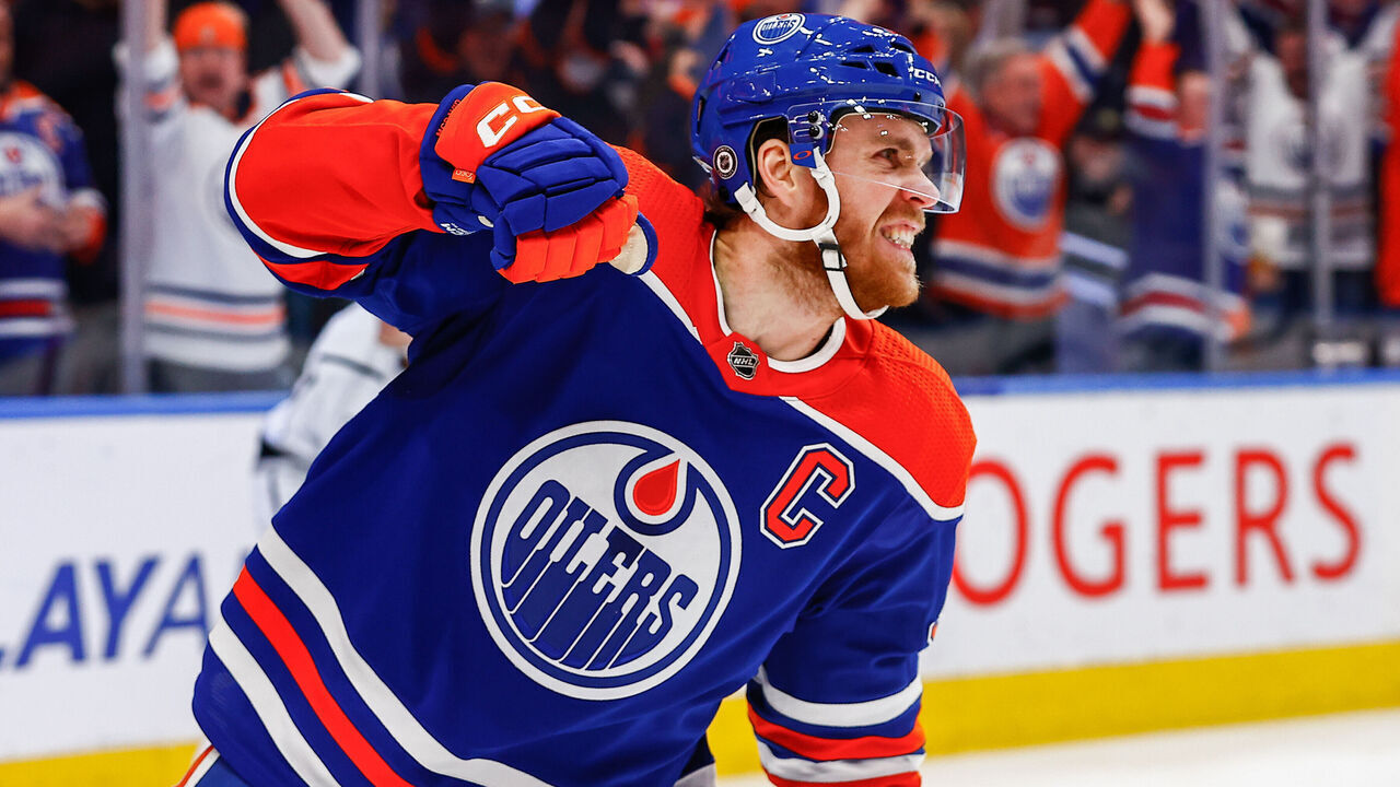 EDMONTON, AB - MARCH 30: Edmonton Oilers Center Connor McDavid (97) celebrates his short handed goal in the third period of the Edmonton Oilers game versus the Los Angeles Kings on March 30, 2023 at Rogers Place in Edmonton, AB.