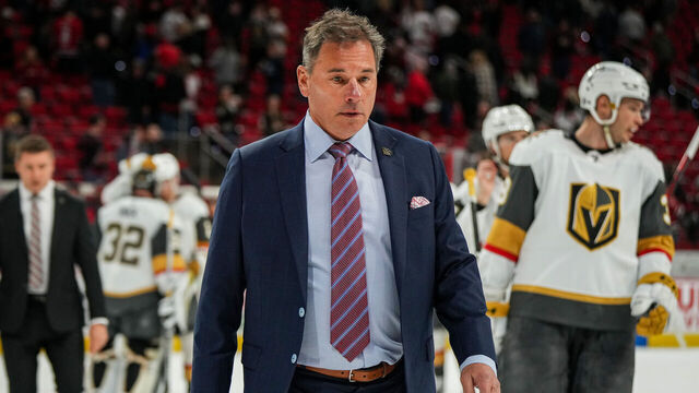 RALEIGH, NORTH CAROLINA - MARCH 11: Vegas Golden Knights head coach Bruce Cassidy leaves the ice after the victory over the Carolina Hurricanes at PNC Arena on March 11, 2023 in Raleigh, North Carolina.
