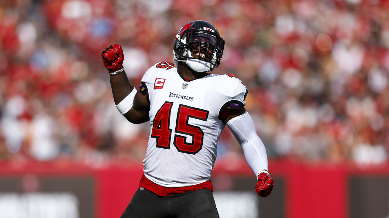 TAMPA, FL - JANUARY 1: Devin White #45 of the Tampa Bay Buccaneers celebrates after a tackle during the second quarter of an NFL football game against the Carolina Panthers at Raymond James Stadium on January 1, 2023 in Tampa, Florida.
