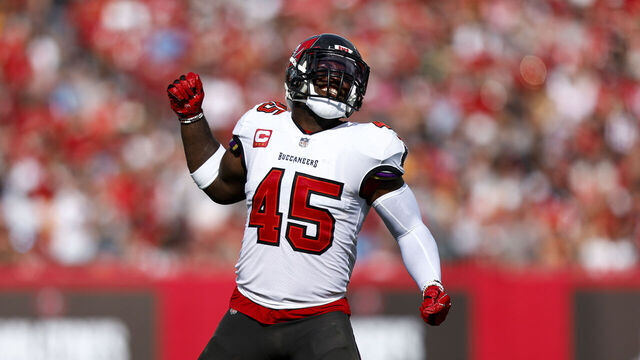 TAMPA, FL - JANUARY 1: Devin White #45 of the Tampa Bay Buccaneers celebrates after a tackle during the second quarter of an NFL football game against the Carolina Panthers at Raymond James Stadium on January 1, 2023 in Tampa, Florida.