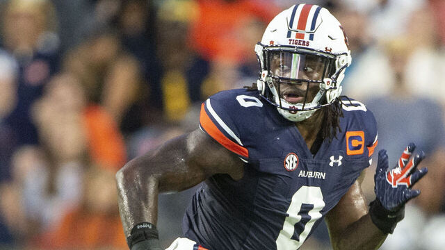 AUBURN, ALABAMA - SEPTEMBER 10: Linebacker Owen Pappoe #0 of the Auburn Tigers during their game against the San Jose State Spartans at Jordan-Hare Stadium on September 10, 2022 in Auburn, Alabama.