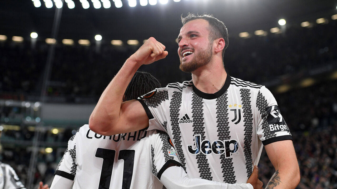 TURIN, ITALY - APRIL 13: Federico Gatti of Juventus celebrates after scoring the team's first goal during the UEFA Europa League quarterfinal first leg match between Juventus and Sporting CP at Allianz Stadium on April 13, 2023 in Turin, Italy.