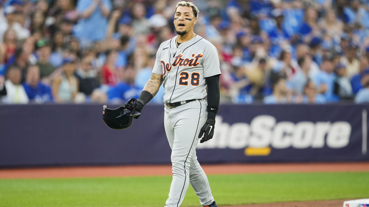 TORONTO, ON - APRIL 13: Javier Baez #28 of the Detroit Tigers reacts to getting called out on a double play after forgetting to tag up against the Toronto Blue Jays in the second inning during their MLB game at the Rogers Centre on April 13, 2023 in Toronto, Ontario, Canada.