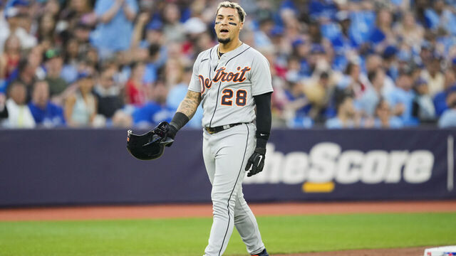 TORONTO, ON - APRIL 13: Javier Baez #28 of the Detroit Tigers reacts to getting called out on a double play after forgetting to tag up against the Toronto Blue Jays in the second inning during their MLB game at the Rogers Centre on April 13, 2023 in Toronto, Ontario, Canada.