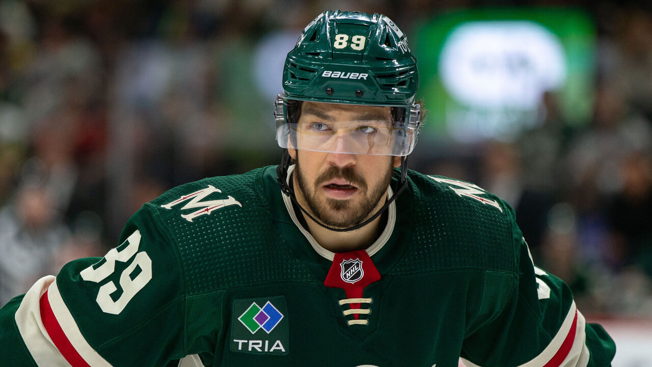 SAINT PAUL, MN - MARCH 19: Minnesota Wild center Frederick Gaudreau (89) looks on during the NHL game between the Washington Capitals and Minnesota Wild, on March 19th, 2023, at the Xcel Energy Center in Saint Paul, MN.