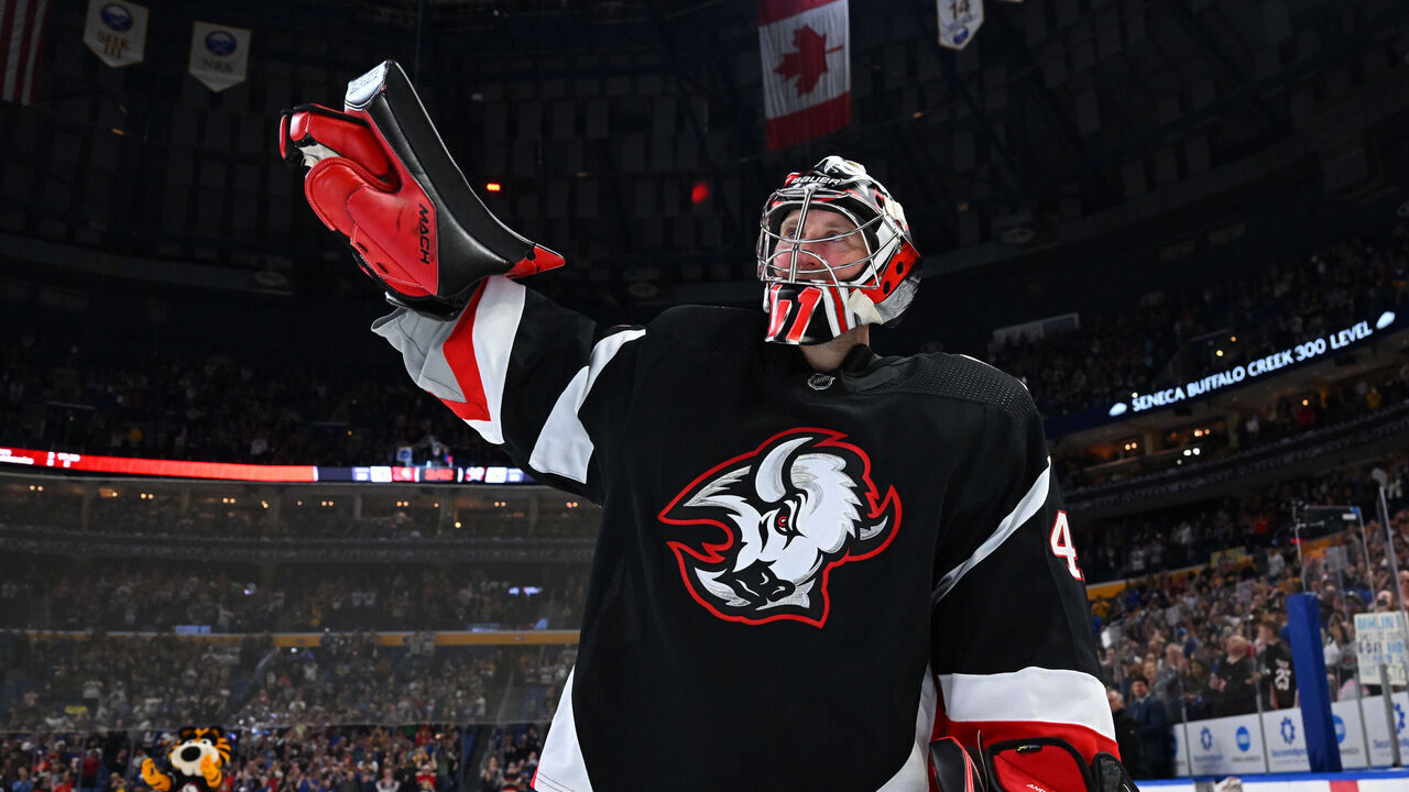 BUFFALO, NY - APRIL 13: Craig Anderson #41 of the Buffalo Sabres salutes the crowd after an NHL game against the Ottawa Senators on April 13, 2023 at KeyBank Center in Buffalo, New York. Buffalo won, 4-3 in overtime.