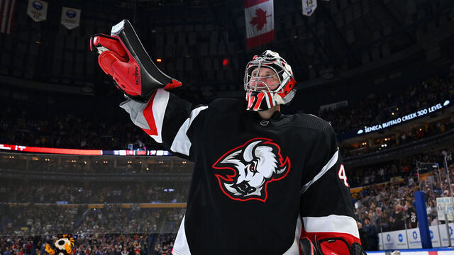 BUFFALO, NY - APRIL 13: Craig Anderson #41 of the Buffalo Sabres salutes the crowd after an NHL game against the Ottawa Senators on April 13, 2023 at KeyBank Center in Buffalo, New York. Buffalo won, 4-3 in overtime.