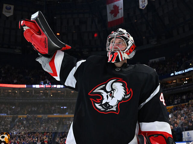 BUFFALO, NY - APRIL 13: Craig Anderson #41 of the Buffalo Sabres salutes the crowd after an NHL game against the Ottawa Senators on April 13, 2023 at KeyBank Center in Buffalo, New York. Buffalo won, 4-3 in overtime.