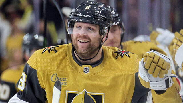 LAS VEGAS, NEVADA - APRIL 06: Phil Kessel #8 of the Vegas Golden Knights celebrates with teammates on the bench after scoring a first-period goal against the Los Angeles Kings during their game at T-Mobile Arena on April 06, 2023 in Las Vegas, Nevada. The Golden Knights defeated the Kings 5-2.