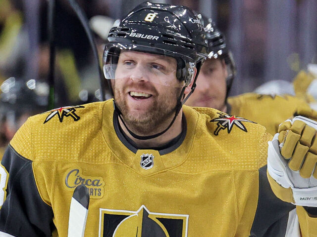 LAS VEGAS, NEVADA - APRIL 06: Phil Kessel #8 of the Vegas Golden Knights celebrates with teammates on the bench after scoring a first-period goal against the Los Angeles Kings during their game at T-Mobile Arena on April 06, 2023 in Las Vegas, Nevada. The Golden Knights defeated the Kings 5-2.