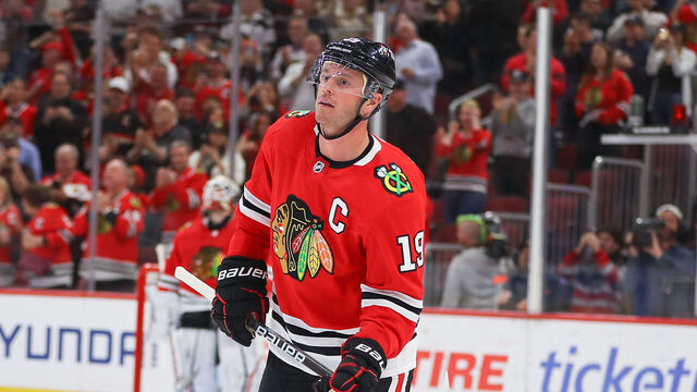 CHICAGO, IL - APRIL 13: Chicago Blackhawks center Jonathan Toews (19) looks on after scoring a goal during a game between the Philadelphia Flyers and the Chicago Blackhawks on April 13, 2023 at the United Center in Chicago, IL.