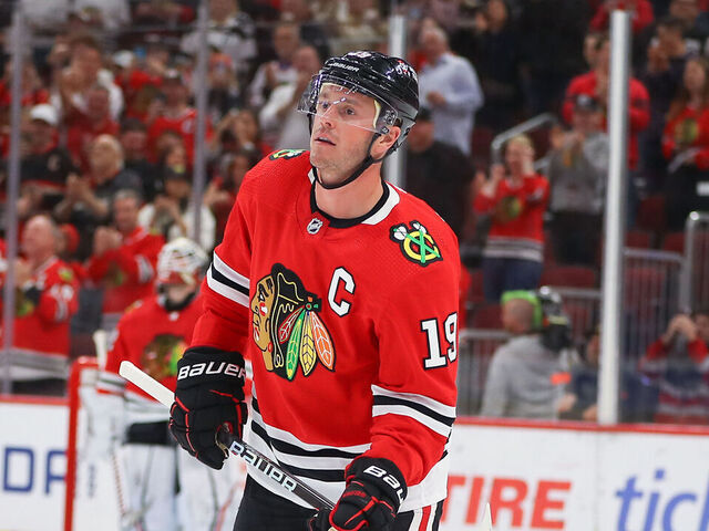 CHICAGO, IL - APRIL 13: Chicago Blackhawks center Jonathan Toews (19) looks on after scoring a goal during a game between the Philadelphia Flyers and the Chicago Blackhawks on April 13, 2023 at the United Center in Chicago, IL.