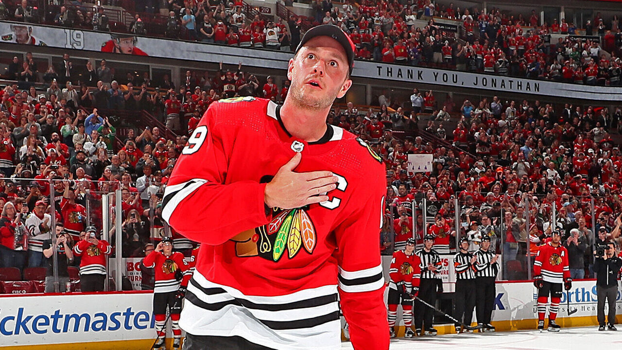CHICAGO, ILLINOIS - APRIL 13: Jonathan Toews #19 of the Chicago Blackhawks acknowledges fans after his final game as a Blackhawk at United Center, against the Philadelphia Flyers, on April 13, 2023 in Chicago, Illinois.