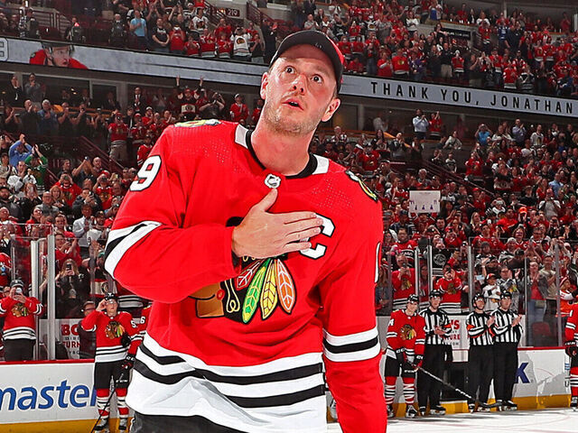 CHICAGO, ILLINOIS - APRIL 13: Jonathan Toews #19 of the Chicago Blackhawks acknowledges fans after his final game as a Blackhawk at United Center, against the Philadelphia Flyers, on April 13, 2023 in Chicago, Illinois.