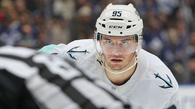 TORONTO, CANADA - JANUARY 5: Andre Burakovsky #95 of the Seattle Kraken waits for a faceoff against the Toronto Maple Leafs during an NHL game at Scotiabank Arena on January 5, 2023 in Toronto, Ontario, Canada. The Kraken defeated the Maple Leafs 5-1.